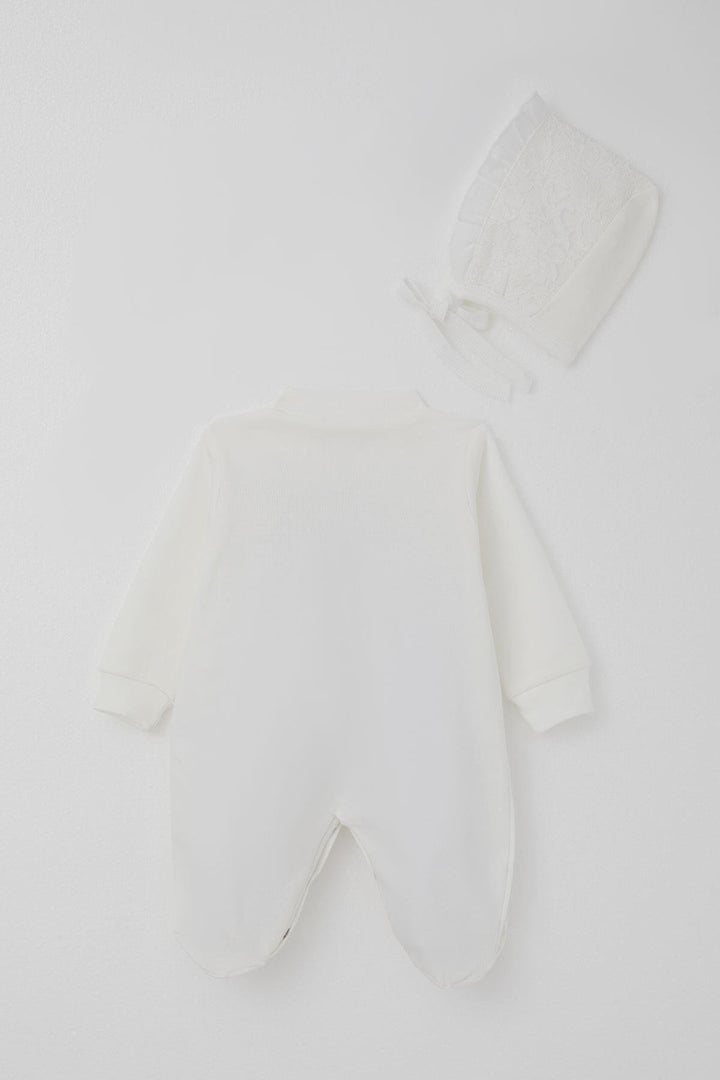 BRE Breeze Baby Girl Romper with Socks Lace Detail Flower Embroidery 0-6 Months, Ecru - Florence