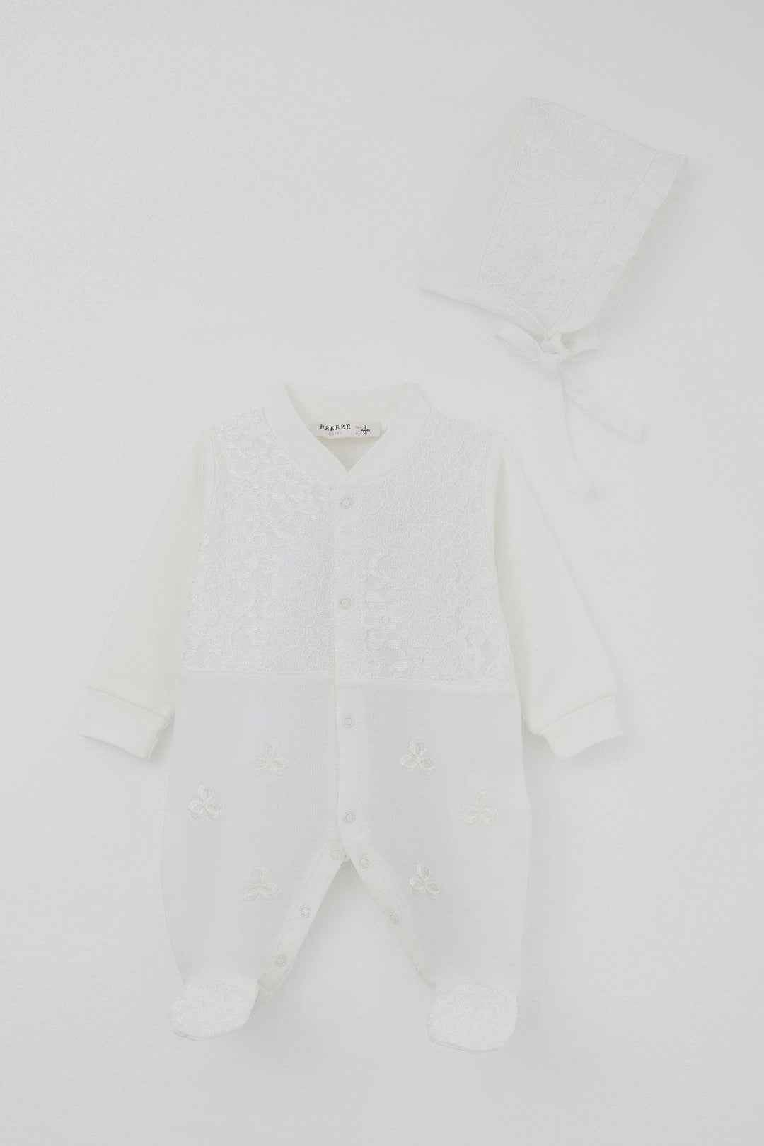BRE Breeze Baby Girl Romper with Socks Lace Detail Flower Embroidery 0-6 Months, Ecru - Florence