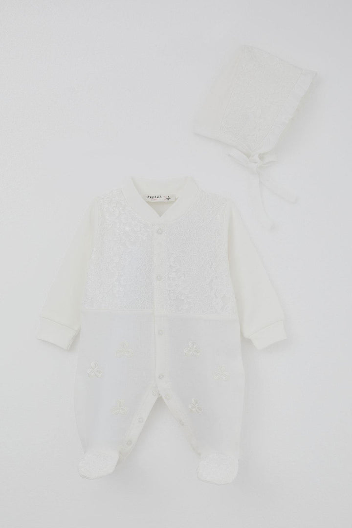 BRE Breeze Baby Girl Romper with Socks Lace Detail Flower Embroidery 0-6 Months, Ecru - Florence