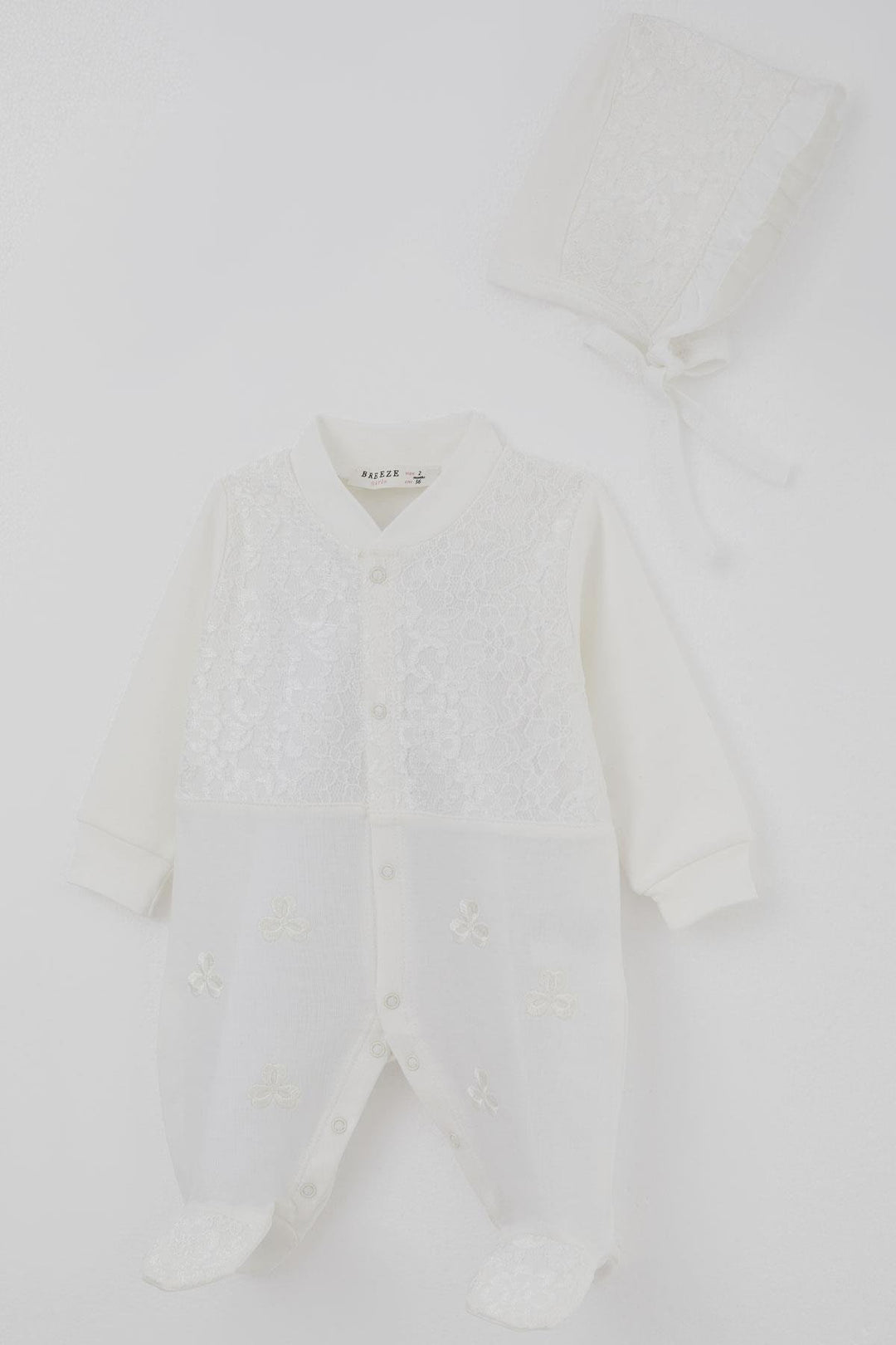 BRE Breeze Baby Girl Romper with Socks Lace Detail Flower Embroidery 0-6 Months, Ecru - Florence