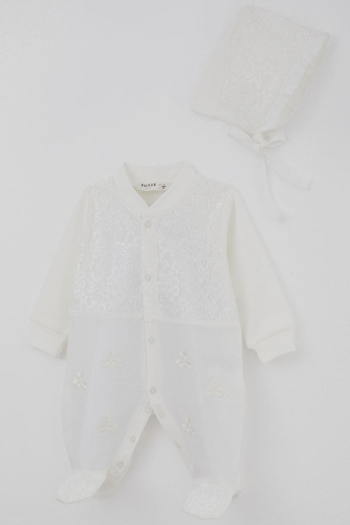 BRE Breeze Baby Girl Romper with Socks Lace Detail Flower Embroidery 0-6 Months, Ecru - Florence