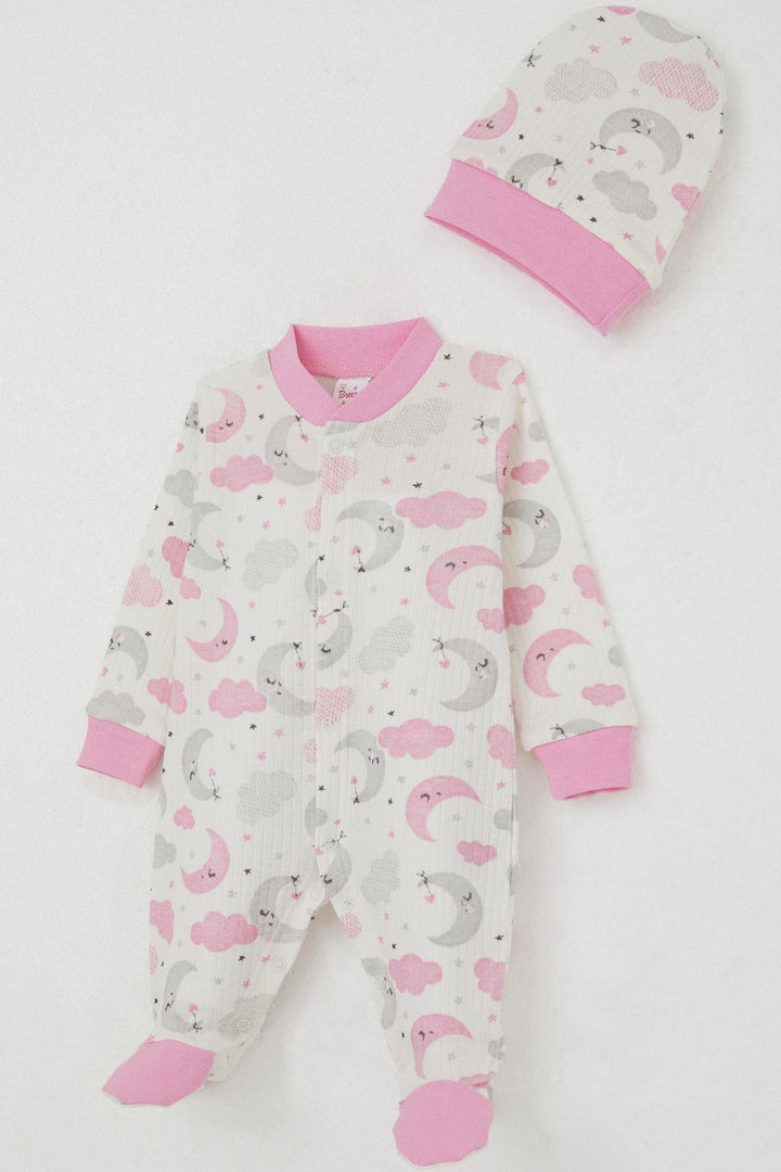 BRE Breeze Baby Girl Romper with Booties Sky Themed Sleepy Moon Pattern 0-6 Months, Beige - Fort Pierce