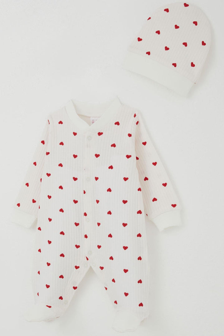BRE Breeze Baby Girl Romper with Socks Heart Patterned 0-6 Months, Ecru - Estero