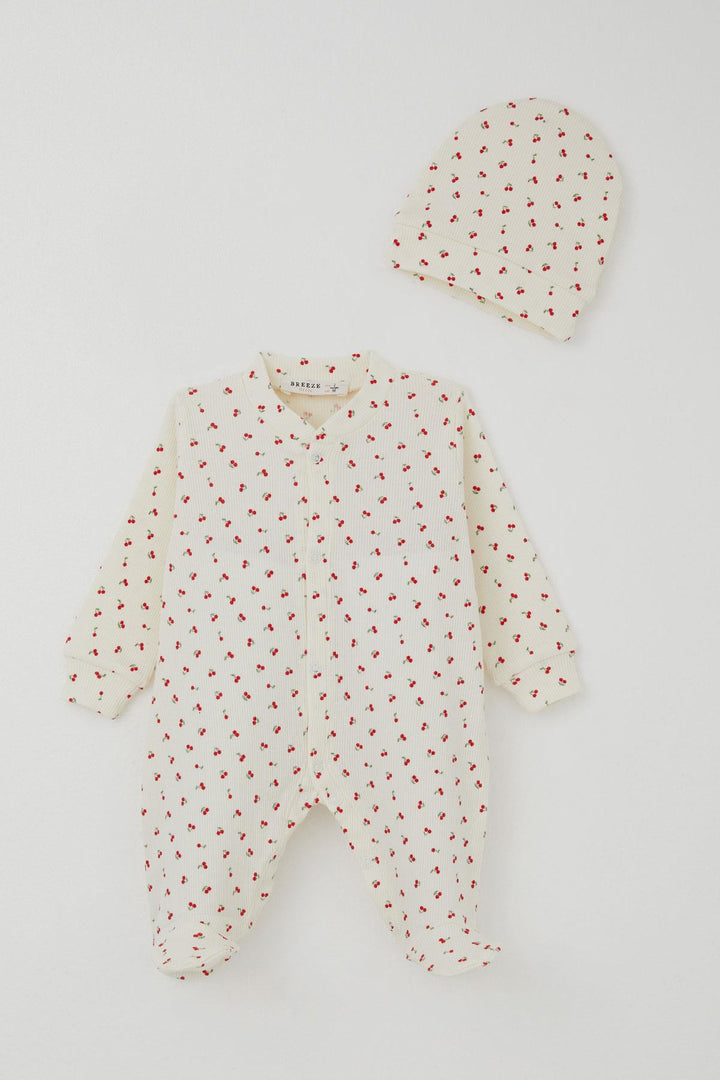 BRE Breeze Baby Girl Romper with Socks Cherry Garden 0-6 Months, Cream - Augusta