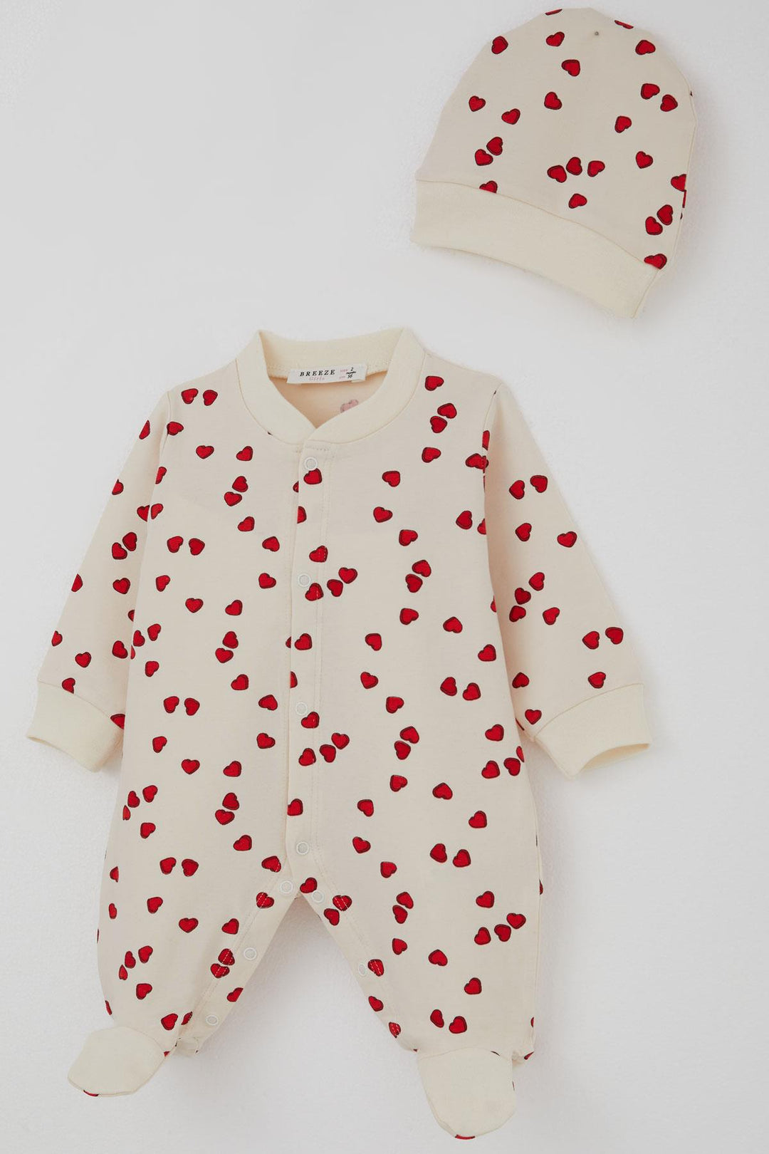 BRE Breeze Baby Girl Romper with Socks Love Themed Heart Patterned 0-6 Months, Cream - Olympia