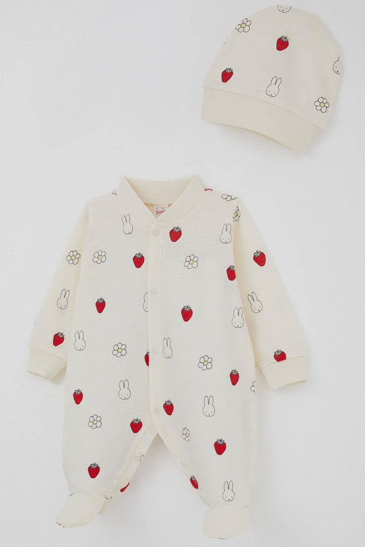 BRE Breeze Baby Girl Romper with Socks Cute Bunny & Strawberry Pattern 0-6 Months, Ecru - Fuenlabrada