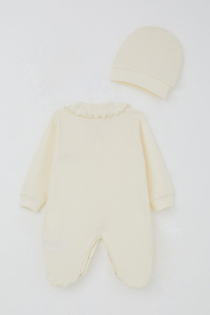 BRE Breeze Baby Girl Romper with Booties Ruffled Collar Embroidered 0-6 Months, Cream - Esher