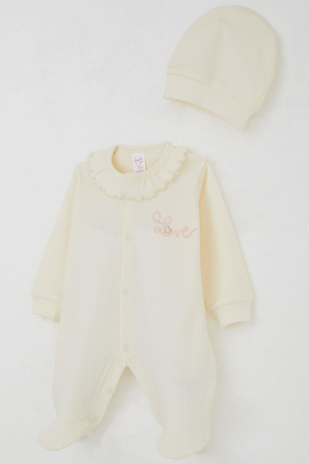 BRE Breeze Baby Girl Romper with Booties Ruffled Collar Embroidered 0-6 Months, Cream - Esher
