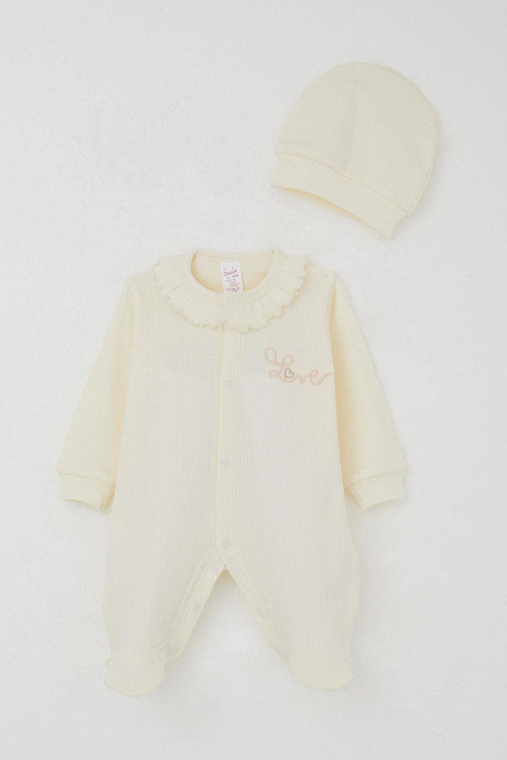 BRE Breeze Baby Girl Romper with Booties Ruffled Collar Embroidered 0-6 Months, Cream - Esher