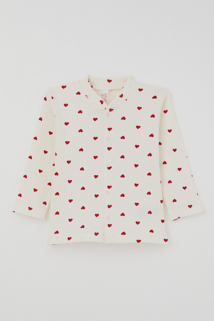BRE Breeze Kız Bebek Pijama Takımı Kalp Desenli Önden Çıtçıtlı 4 Ay - 1 Yaş , Krem - Wilmington