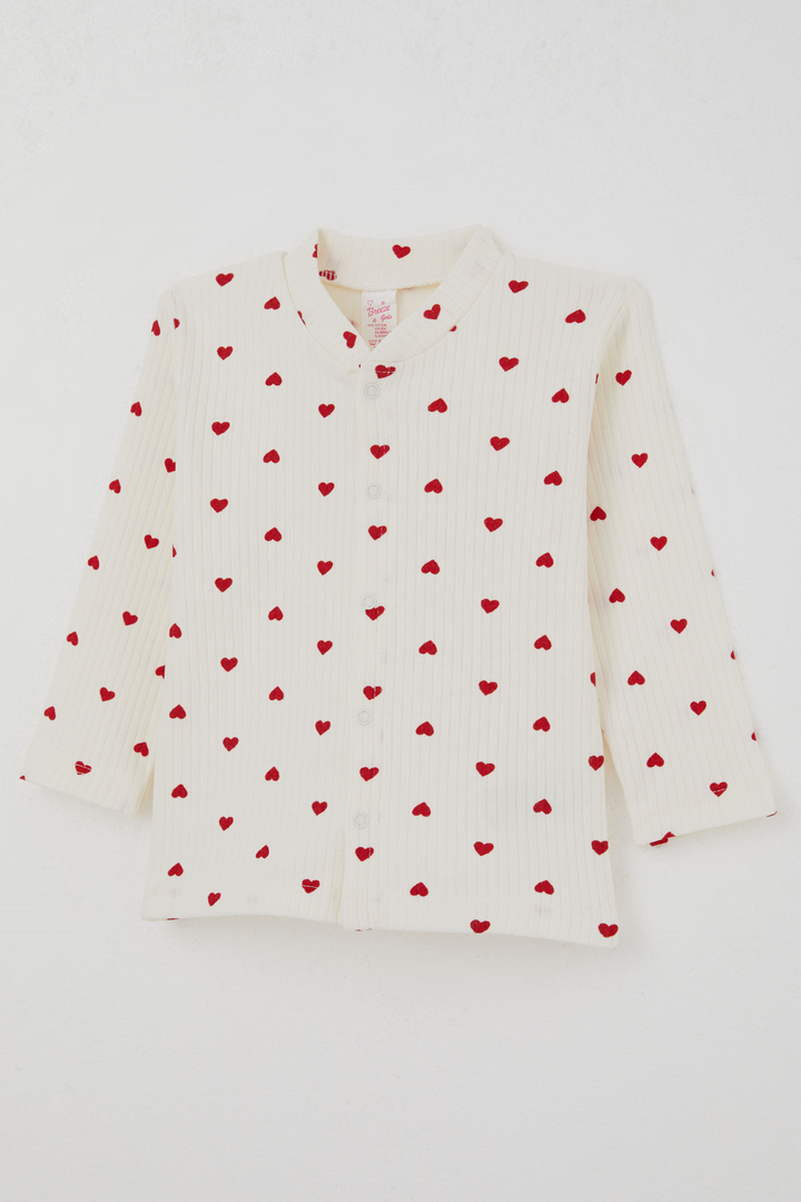 BRE Breeze Kız Bebek Pijama Takımı Kalp Desenli Önden Çıtçıtlı 4 Ay - 1 Yaş , Krem - Wilmington