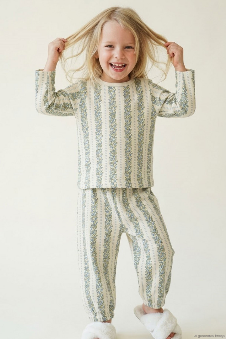 BRE Breeze Kız Bebek Pijama Takımı Mavi Floral Çiçek Desenli Şeritli 9 Ay - 3 Yaş , Ekru - Rohnert Park