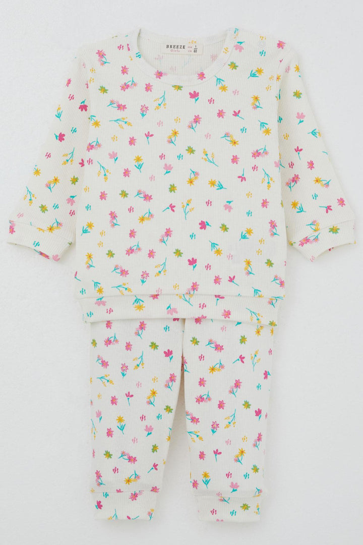 BRE Breeze Baby Girl Pajama Set Colorful Flower Patterned Shoulder Buttoned 4 Months Year, Ecru - Gandía