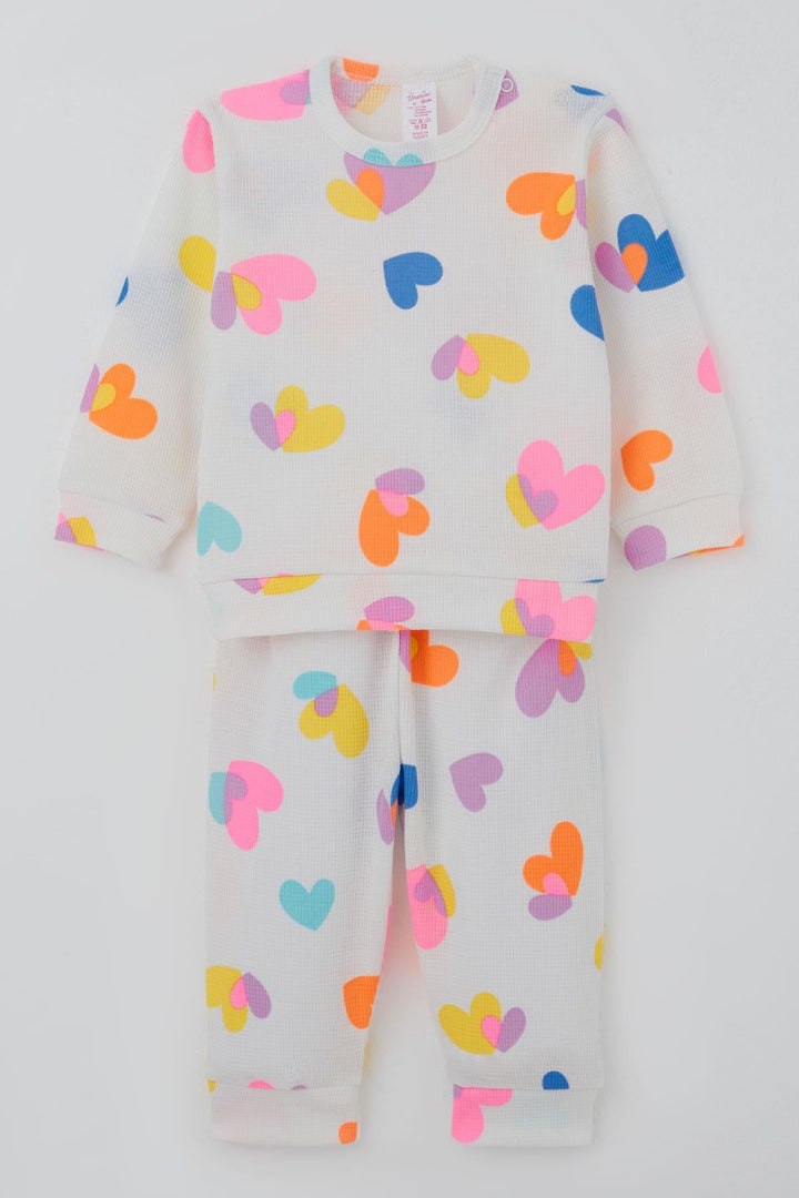 BRE Breeze Kız Bebek Pijama Takımı Omuzdan Patlı Renkli Kalp Desenli 4 Ay Yaş, Beyaz - Williamsburg