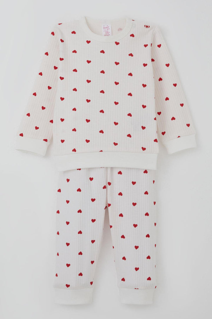BRE Breeze Kız Bebek Pijama Takımı Omuzdan Patlı Kalp Desenli 4 Ay Yaş, Ekru - Herford