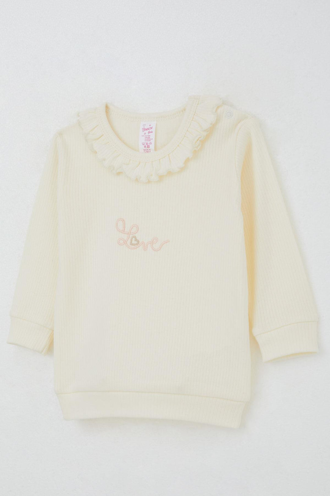 BRE Breeze Baby Girl Pajama Set with Frilly Shoulder Buttoned Collar Embroidered with Writing 4 Months Year, Cream - Baia Mare