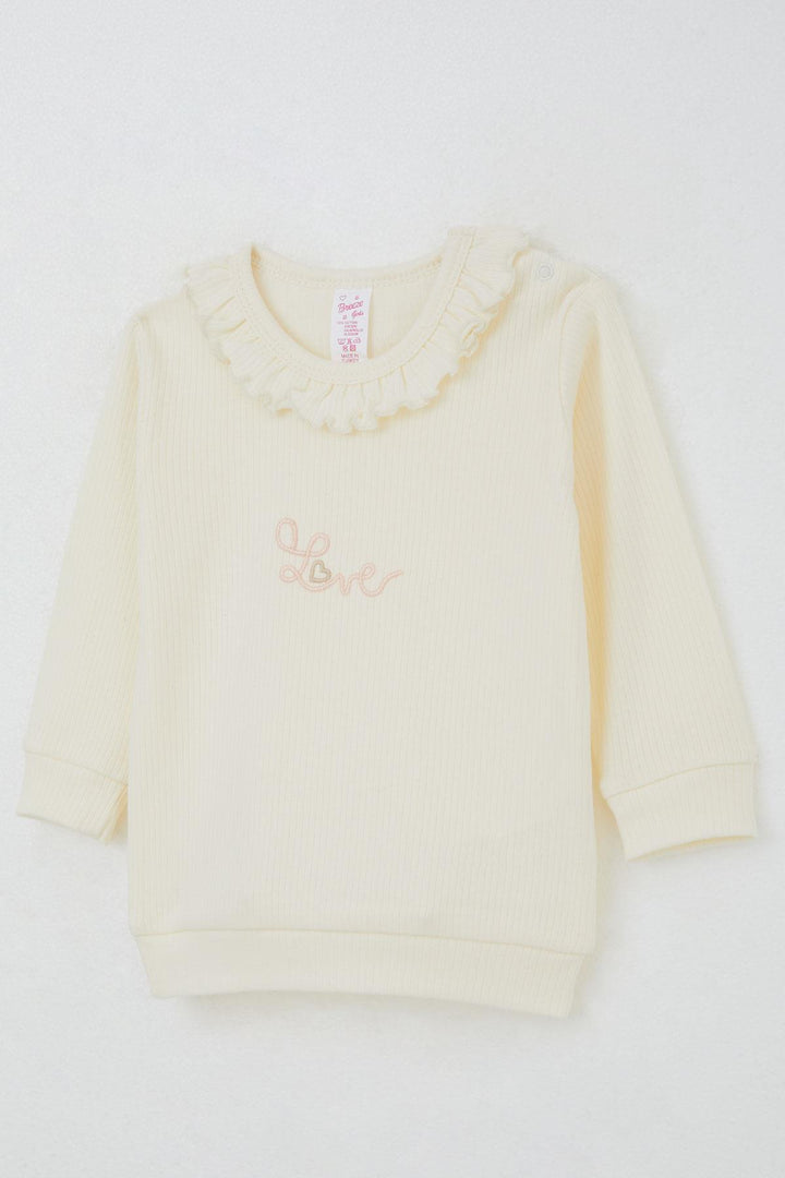 BRE Breeze Baby Girl Pajama Set with Frilly Shoulder Buttoned Collar Embroidered with Writing 4 Months Year, Cream - Baia Mare