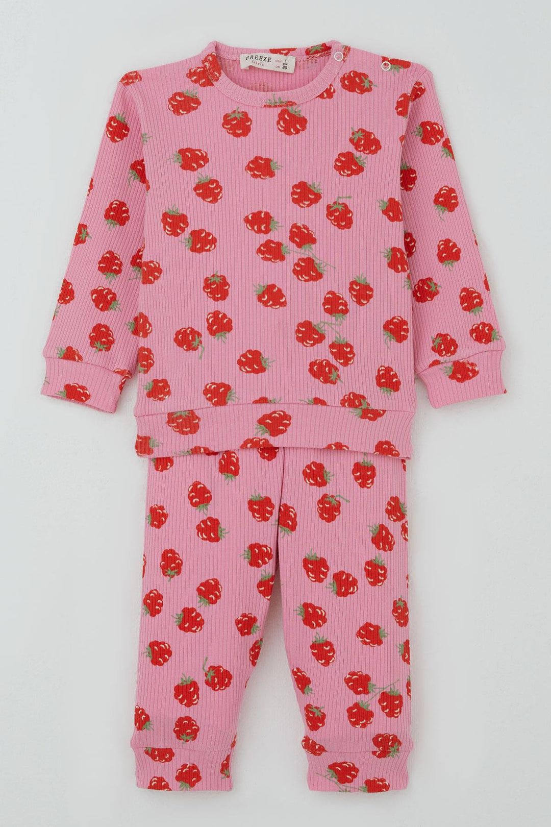 BRE Breeze Kız Bebek Pijama Takımı Omuzdan Patlı Çilek Desenli 4 Ay Yaş, Pembe - Teruel