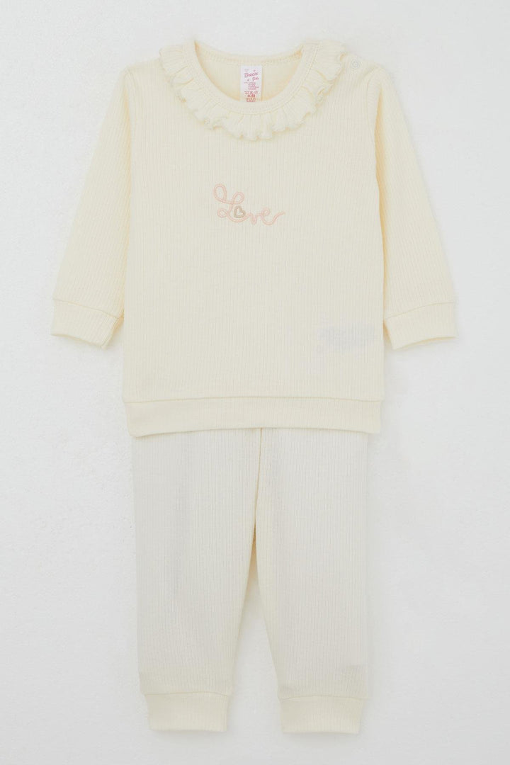 BRE Breeze Baby Girl Pajama Set with Frilly Shoulder Buttoned Collar Embroidered with Writing 4 Months Year, Cream - Baia Mare