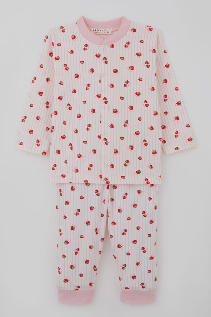 BRE Breeze Kız Bebek Pijama Takımı Önden Çıtçıtlı Çilek Desenli 4 Ay Yaş, Ekru - Kavála