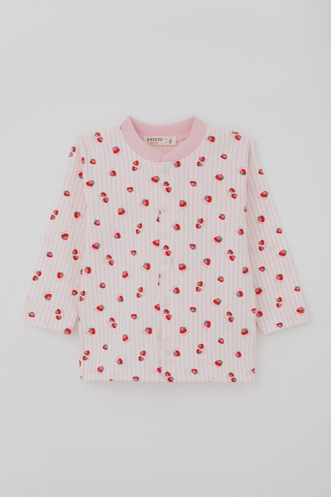 BRE Breeze Kız Bebek Pijama Takımı Önden Çıtçıtlı Çilek Desenli 4 Ay Yaş, Ekru - Kavála