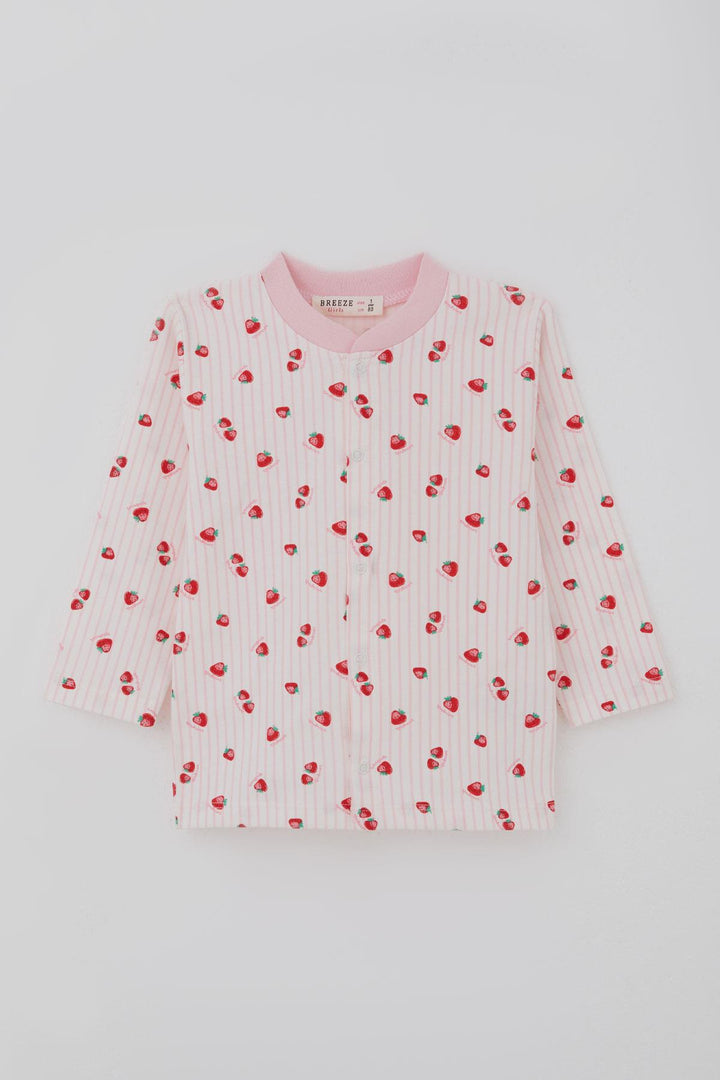 BRE Breeze Kız Bebek Pijama Takımı Önden Çıtçıtlı Çilek Desenli 4 Ay Yaş, Ekru - Kavála
