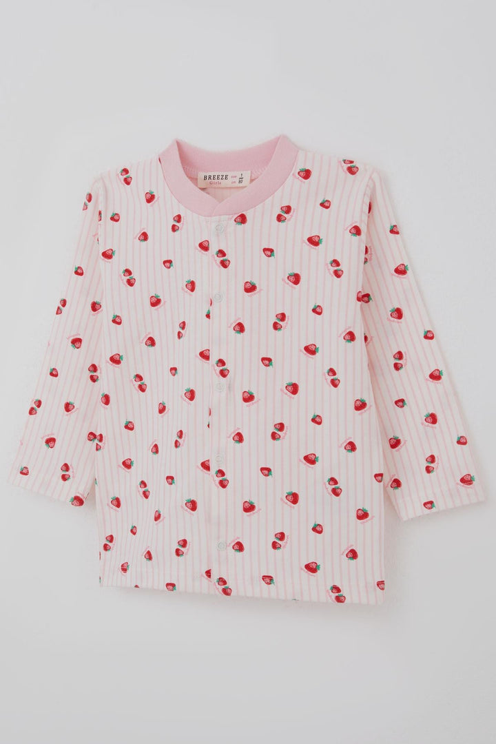 BRE Breeze Kız Bebek Pijama Takımı Önden Çıtçıtlı Çilek Desenli 4 Ay Yaş, Ekru - Kavála