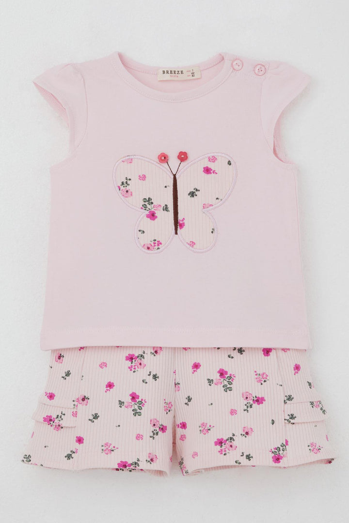 BRE Breeze Baby Girl Shorts Set Flower Printed Butterfly Embroidered Button Accessorized 6 Months-2 Years, Pink - Alcamo