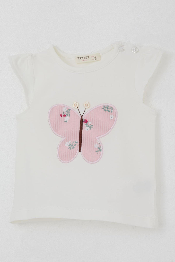 BRE Breeze Baby Girl Shorts Set Flower Printed Butterfly Embroidered Button Accessorized 6 Months-2 Years, Ecru - Melun