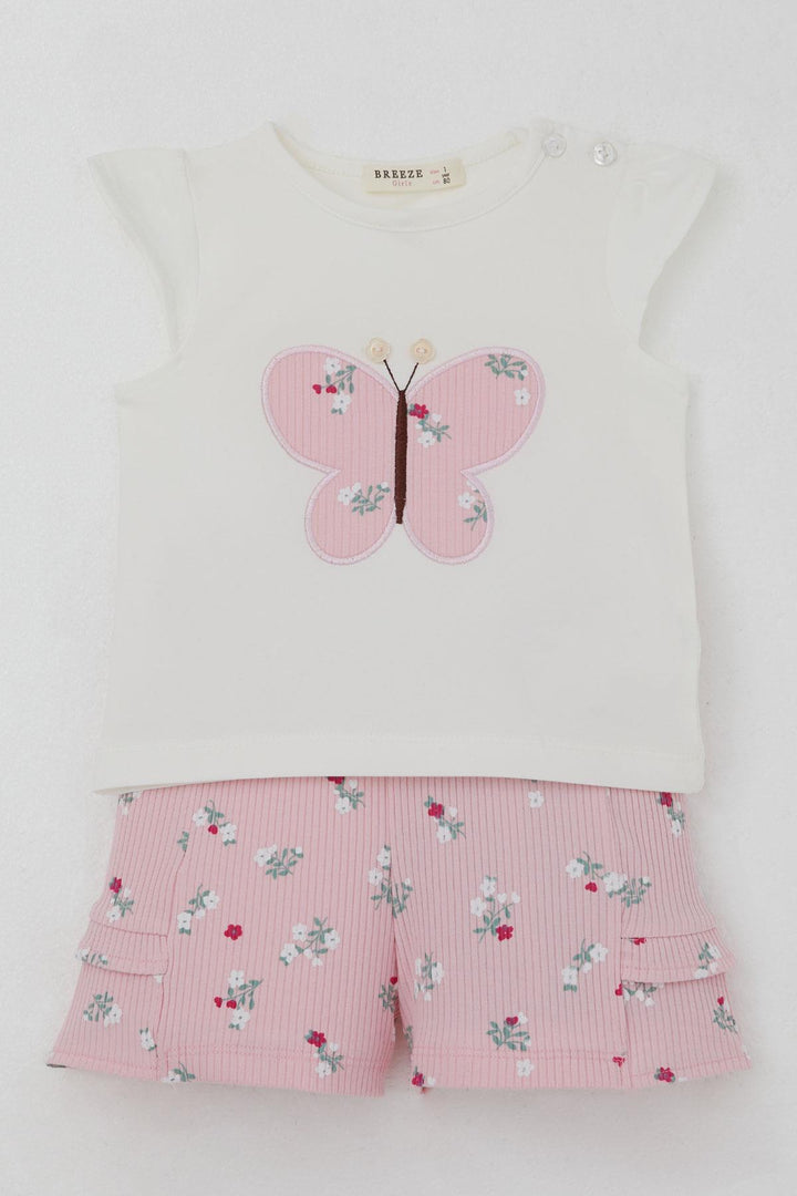 BRE Breeze Baby Girl Shorts Set Flower Printed Butterfly Embroidered Button Accessorized 6 Months-2 Years, Ecru - Melun