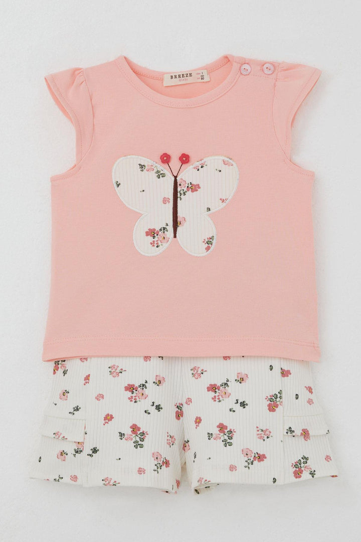 BRE Breeze Baby Girl Shorts Set Flower Printed Butterfly Embroidered Button Accessorized 6 Months-2 Years, Salmon - Avondale