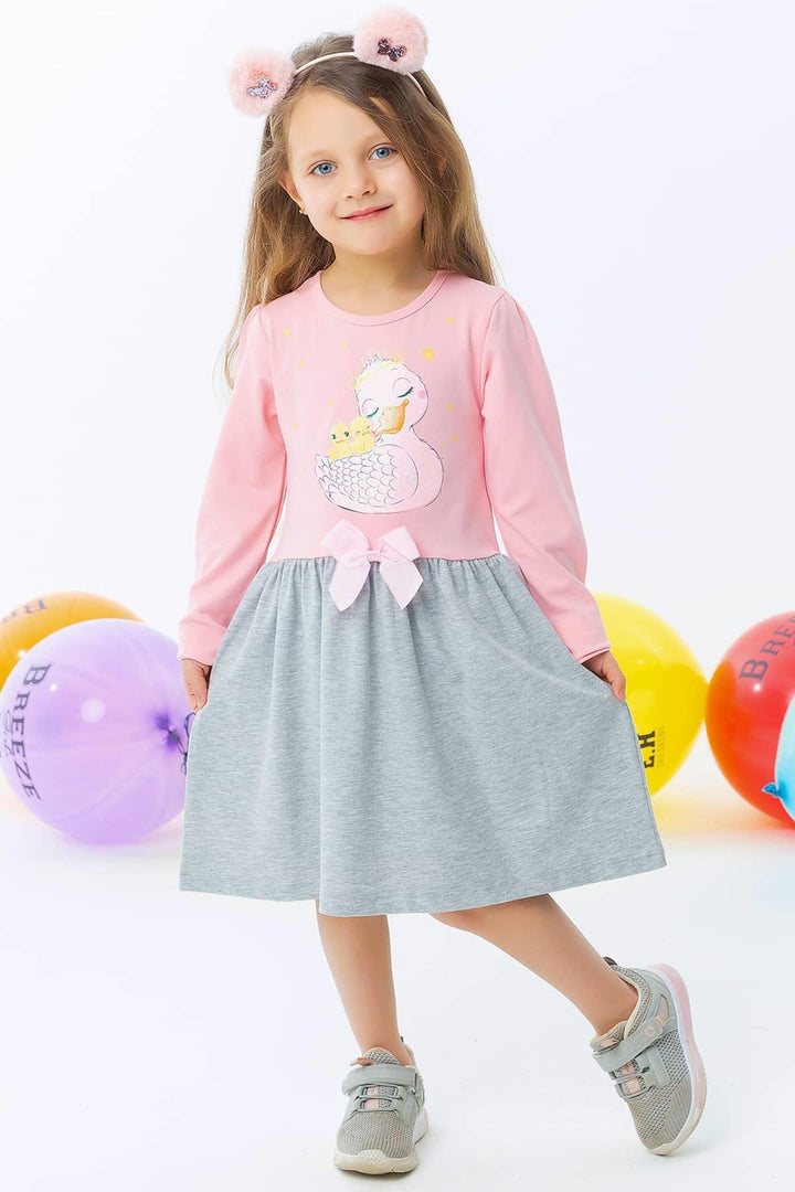 BRE Breeze Girl Child Long Sleeve Dress with Glittery Duck Print, 1.5-5 Years, Powder - Fremont