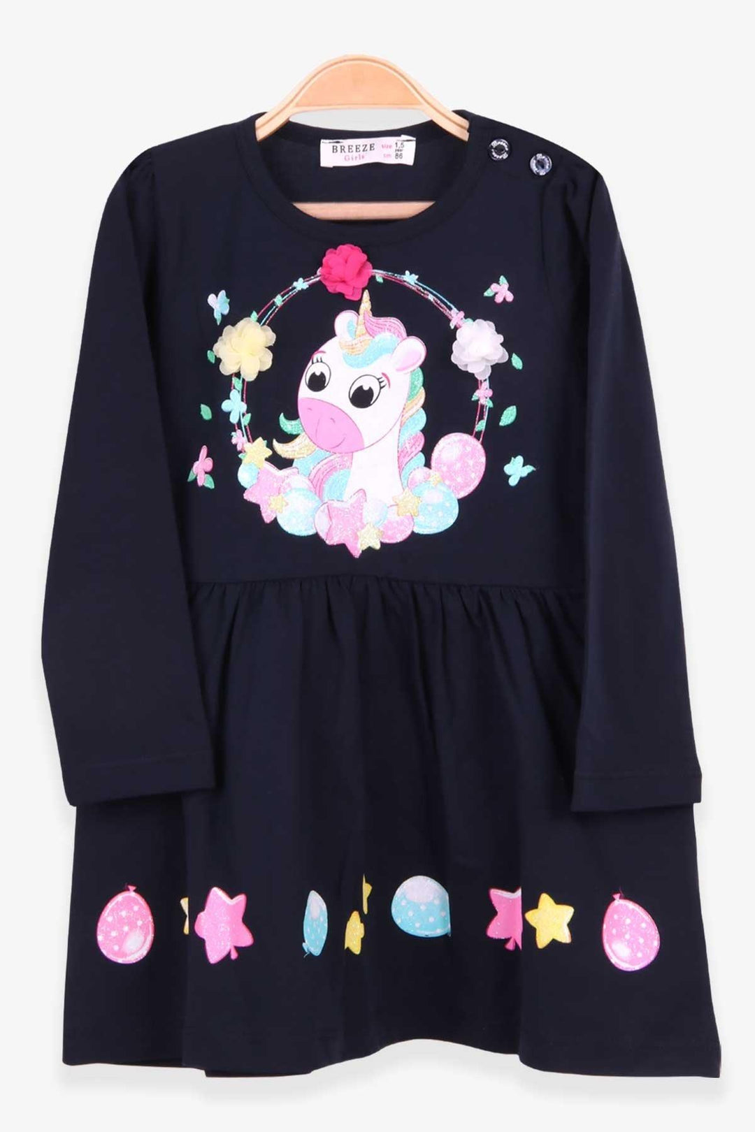 BRE Breeze Girl Child Long Sleeve Dress Unicorn Printed 1.5-5 Years, Navy Blue - Dos Hermanas