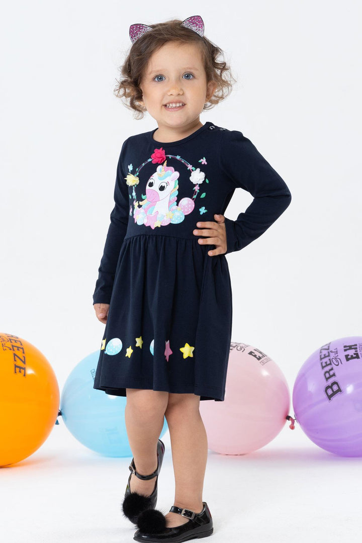BRE Breeze Girl Child Long Sleeve Dress Unicorn Printed 1.5-5 Years, Navy Blue - Dos Hermanas