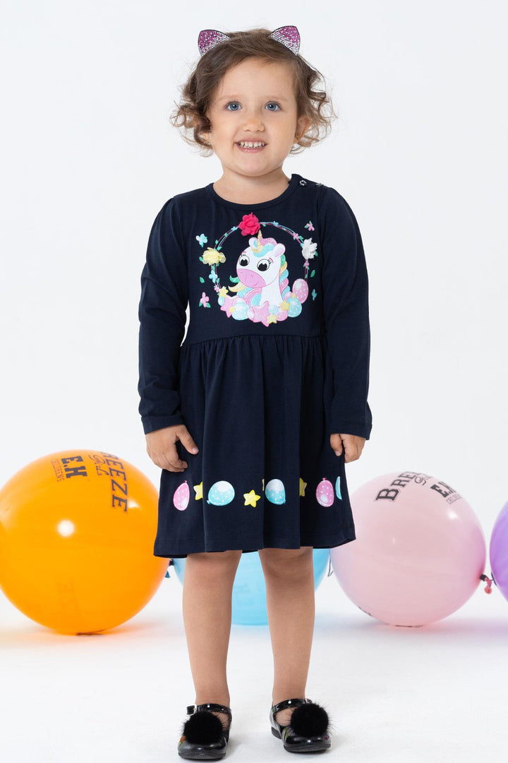 BRE Breeze Girl Child Long Sleeve Dress Unicorn Printed 1.5-5 Years, Navy Blue - Dos Hermanas