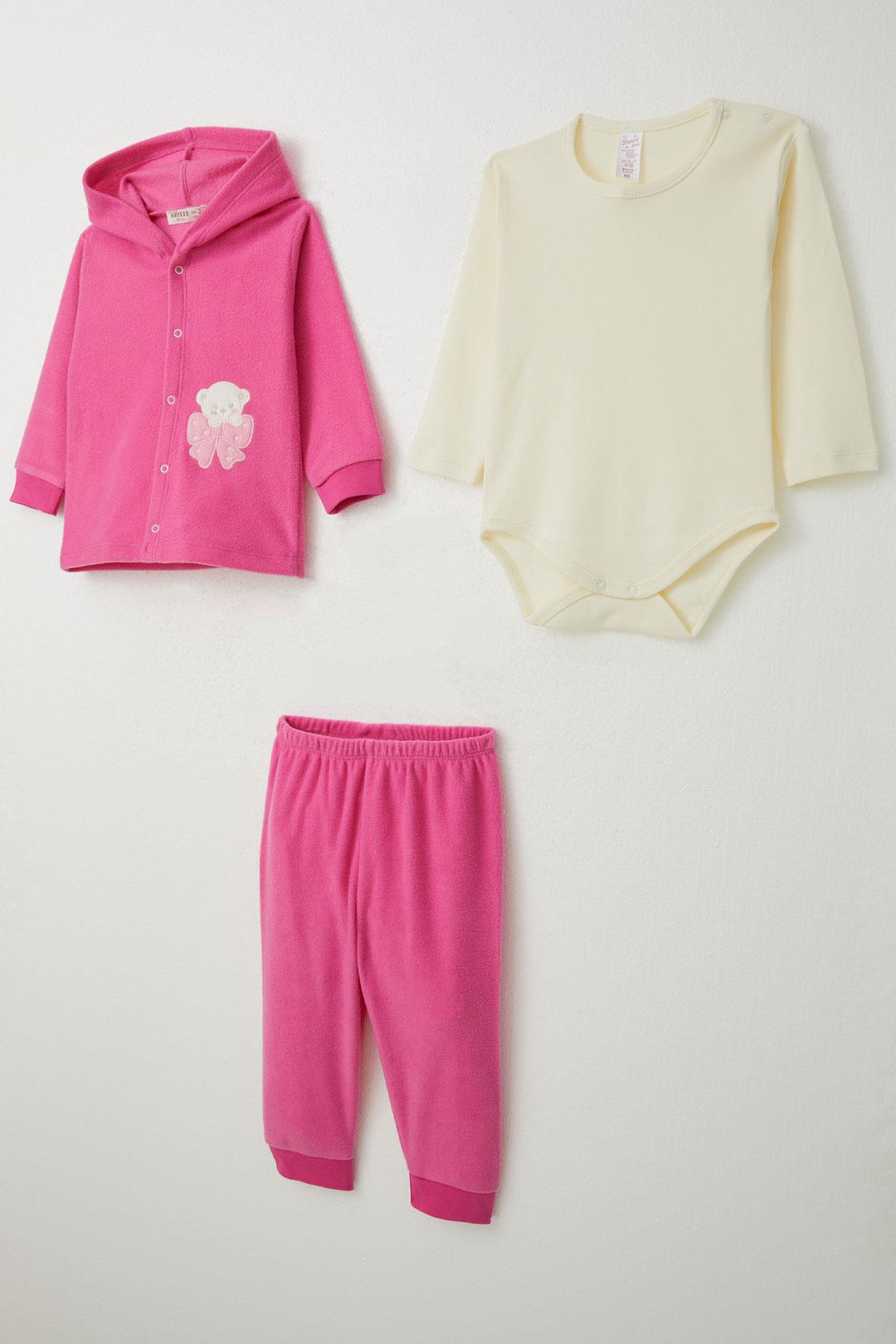 BRE Breeze Baby Girl Bodysuit 3-Piece Velvet Set Cute Bear Embroidered 4 Months Year, Fuchsia - Champaign