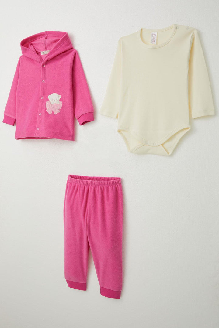 BRE Breeze Baby Girl Bodysuit 3-Piece Velvet Set Cute Bear Embroidered 4 Months Year, Fuchsia - Champaign