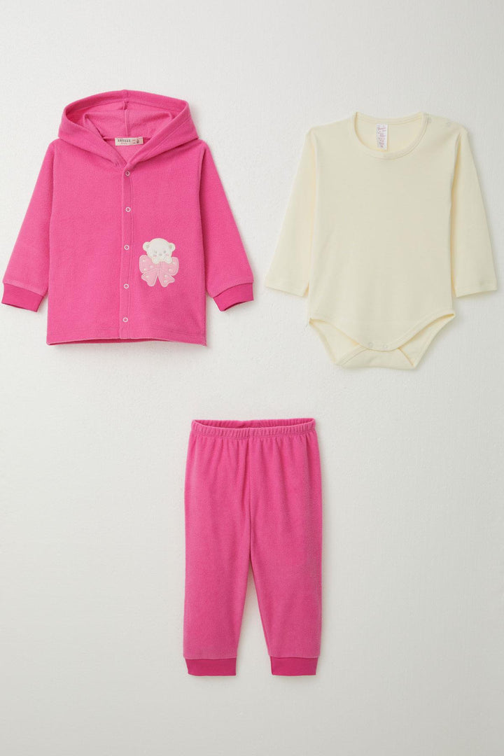 BRE Breeze Baby Girl Bodysuit 3-Piece Velvet Set Cute Bear Embroidered 4 Months Year, Fuchsia - Champaign