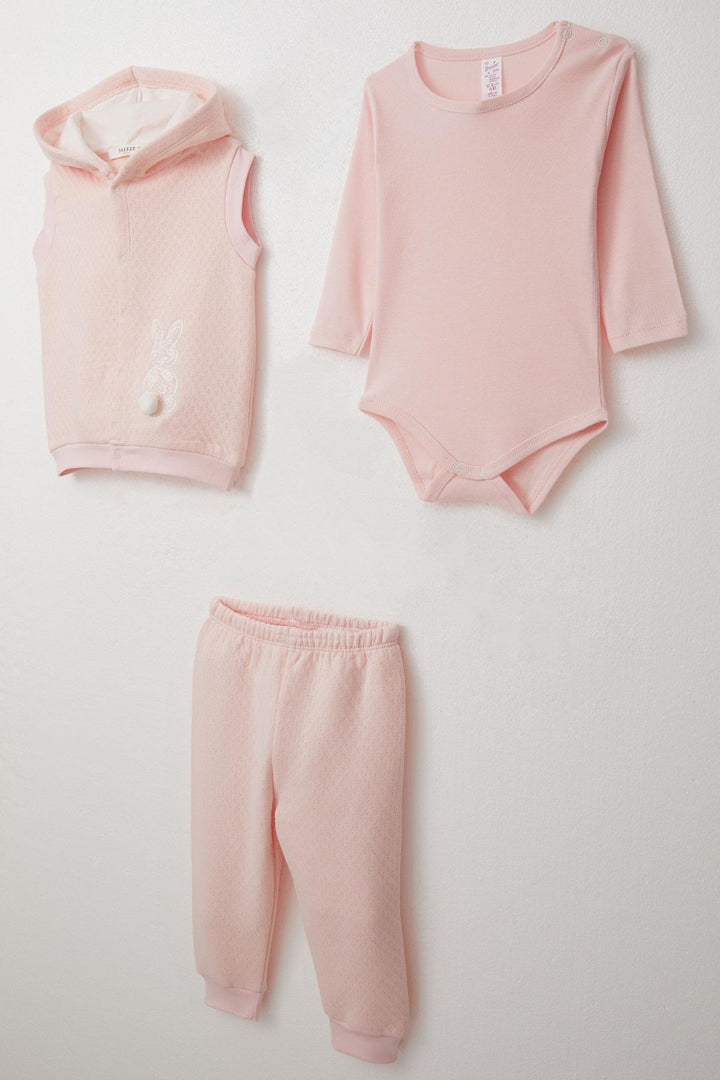 BRE Breeze Baby Girl Bodysuit 3-Piece Set with Bunny Embroidery and Pom-pom Hood 4 Months Year, Powder - Temple City