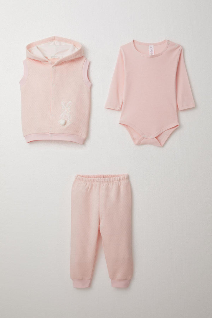 BRE Breeze Baby Girl Bodysuit 3-Piece Set with Bunny Embroidery and Pom-pom Hood 4 Months Year, Powder - Temple City
