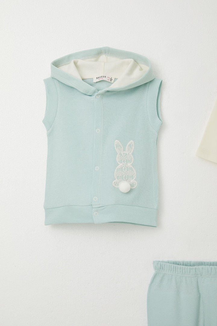 BRE Breeze Baby Girl Bodysuit 3-Piece Set with Rabbit Embroidery and Pom Poms, 4 Months Year, Water Green - Alcobaça
