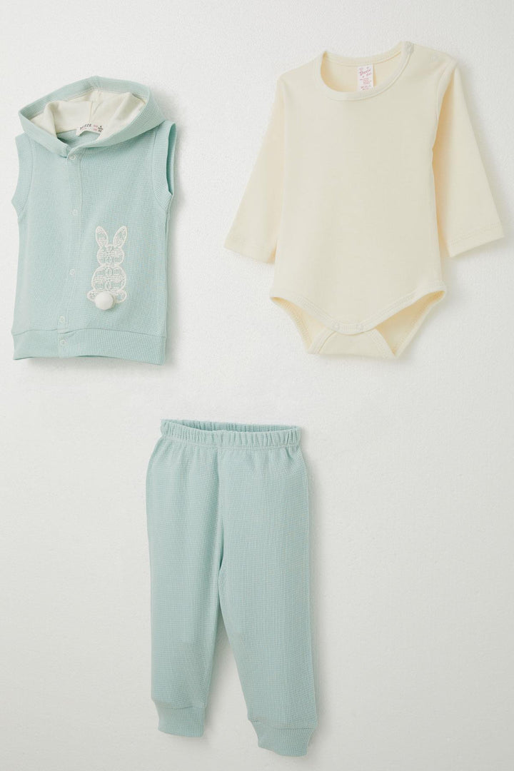 BRE Breeze Baby Girl Bodysuit 3-Piece Set with Rabbit Embroidery and Pom Poms, 4 Months Year, Water Green - Alcobaça