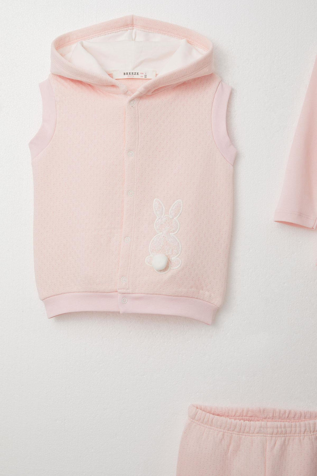 BRE Breeze Baby Girl Bodysuit 3-Piece Set with Bunny Embroidery and Pom-pom Hood 4 Months Year, Powder - Temple City