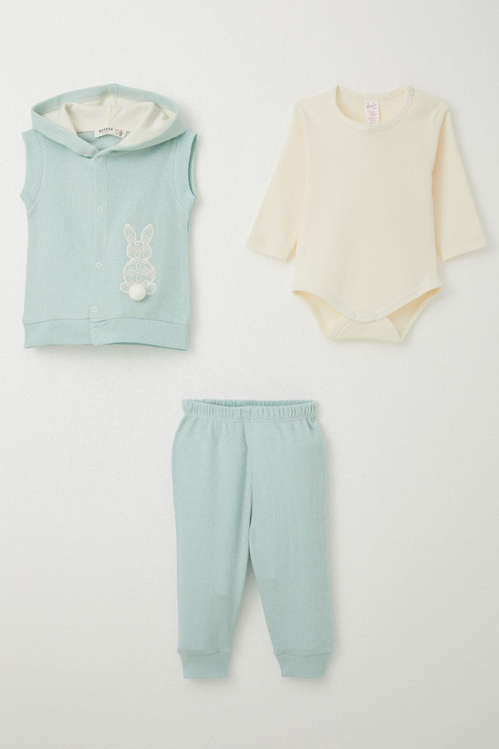 BRE Breeze Baby Girl Bodysuit 3-Piece Set with Rabbit Embroidery and Pom Poms, 4 Months Year, Water Green - Alcobaça