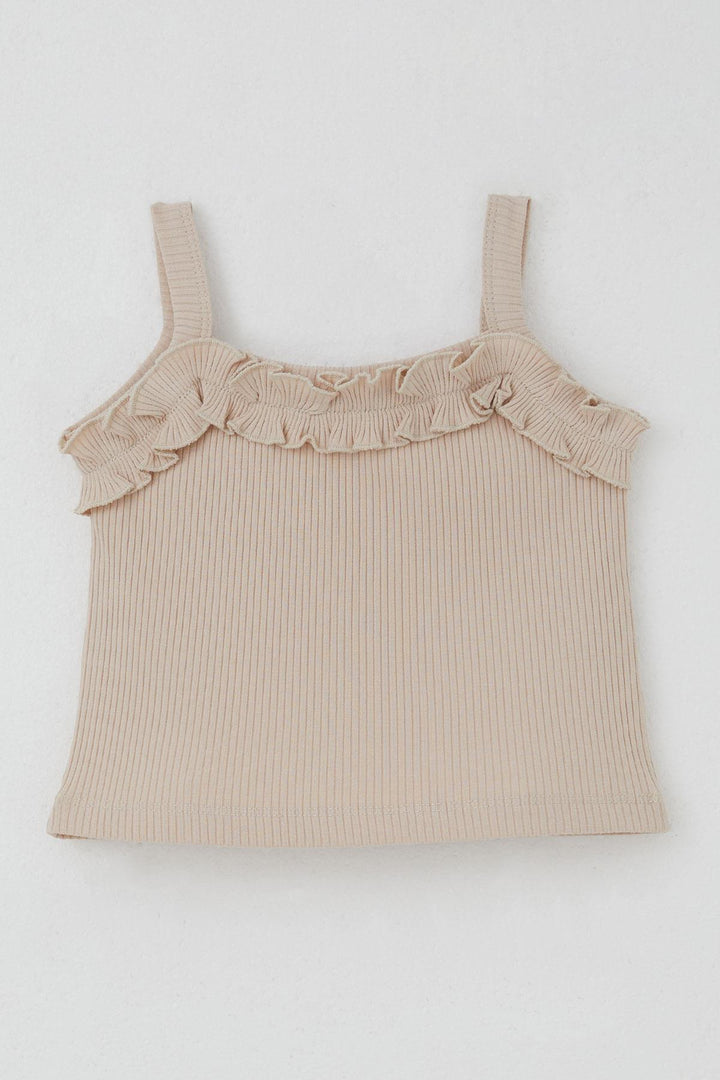 BRE Breeze Girl's Sleeveless Crop Top with Frill Detail, 84 Years, Beige - Antioch