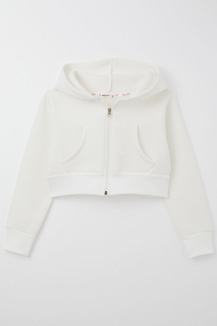 BRE Breeze Girl Child Crop Hoodie with Zipper Hood 84 Years, Ecru - Ixmiquilpan