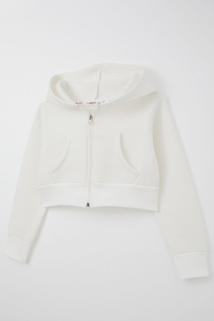 BRE Breeze Girl Child Crop Hoodie with Zipper Hood 84 Years, Ecru - Ixmiquilpan