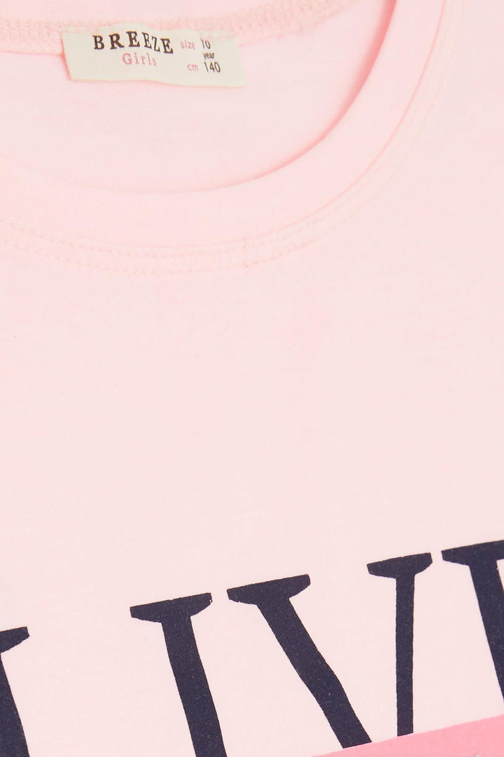BRE Breeze Girl Child Crop T-Shirt with Button Accented Sleeves Glittery Printed Text 96 Years, Pink - Lida