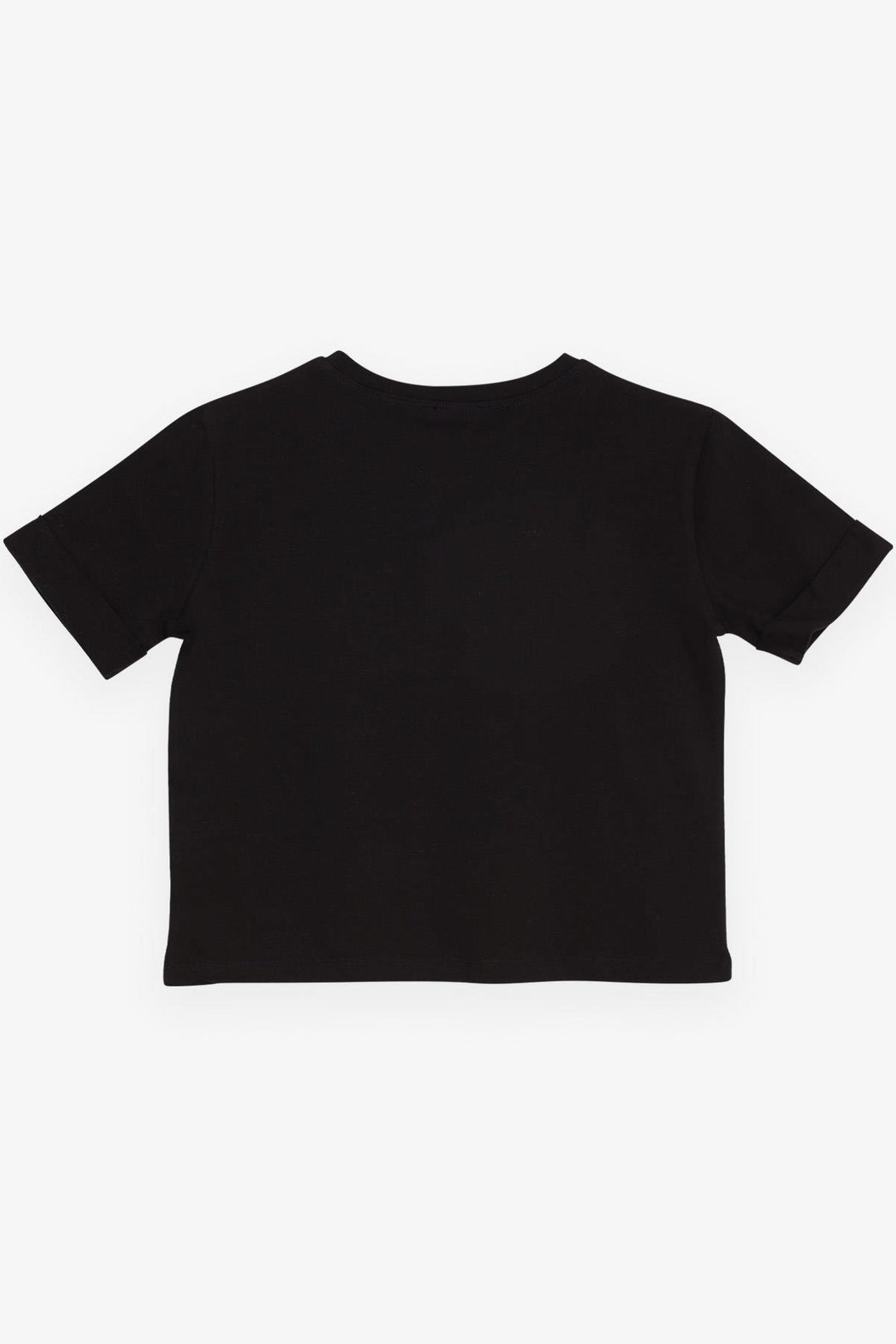 BRE Breeze Girl Child Crop T-Shirt with Button Accented Sleeves, Glittery Printed Text, 96 Years, Black - Boca Raton