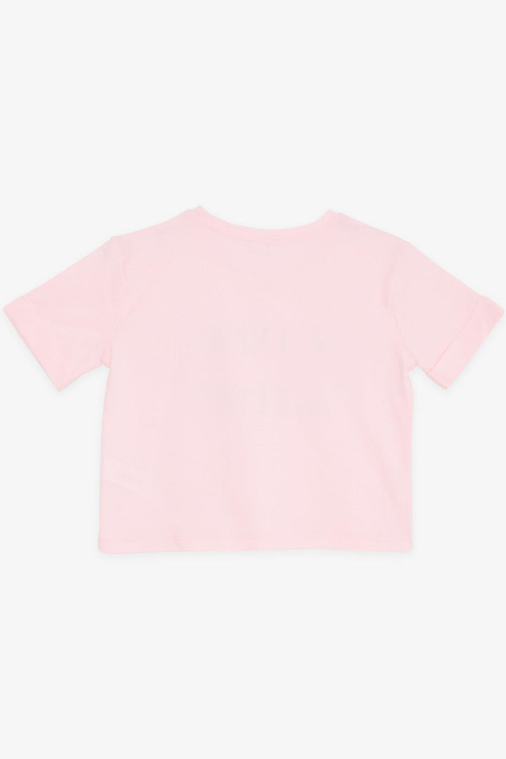 BRE Breeze Girl Child Crop T-Shirt with Button Accented Sleeves Glittery Printed Text 96 Years, Pink - Lida